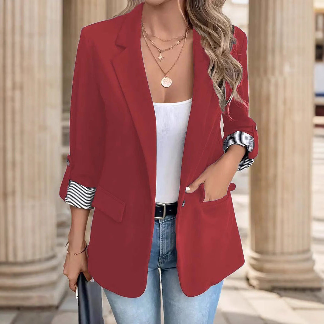 Damen eleganter Blazer mit gestreiftem Futter und stilvollen Taschen Drune