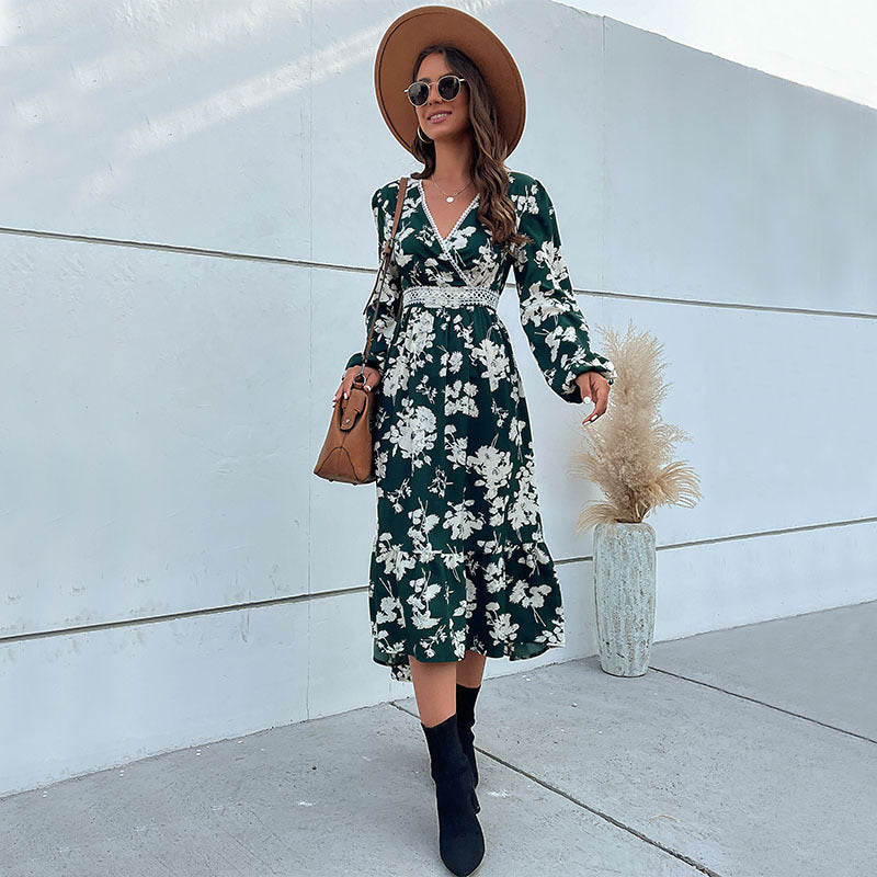 Damen Maxikleid mit floralem Design und raffinierten Rüschendetails Drune