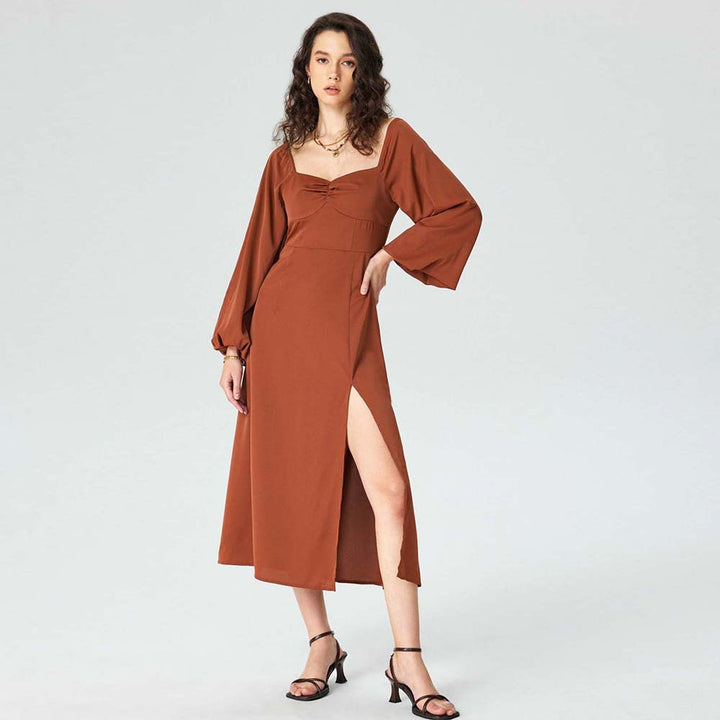 Damen Midi-Kleid mit raffinierten Puffärmeln und hohem Schlitz Drune