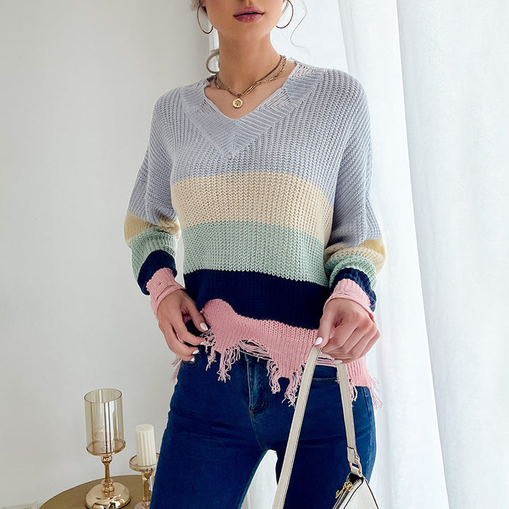 Damen lässiger Strickpullover mit fransigen Saumdetails Drune