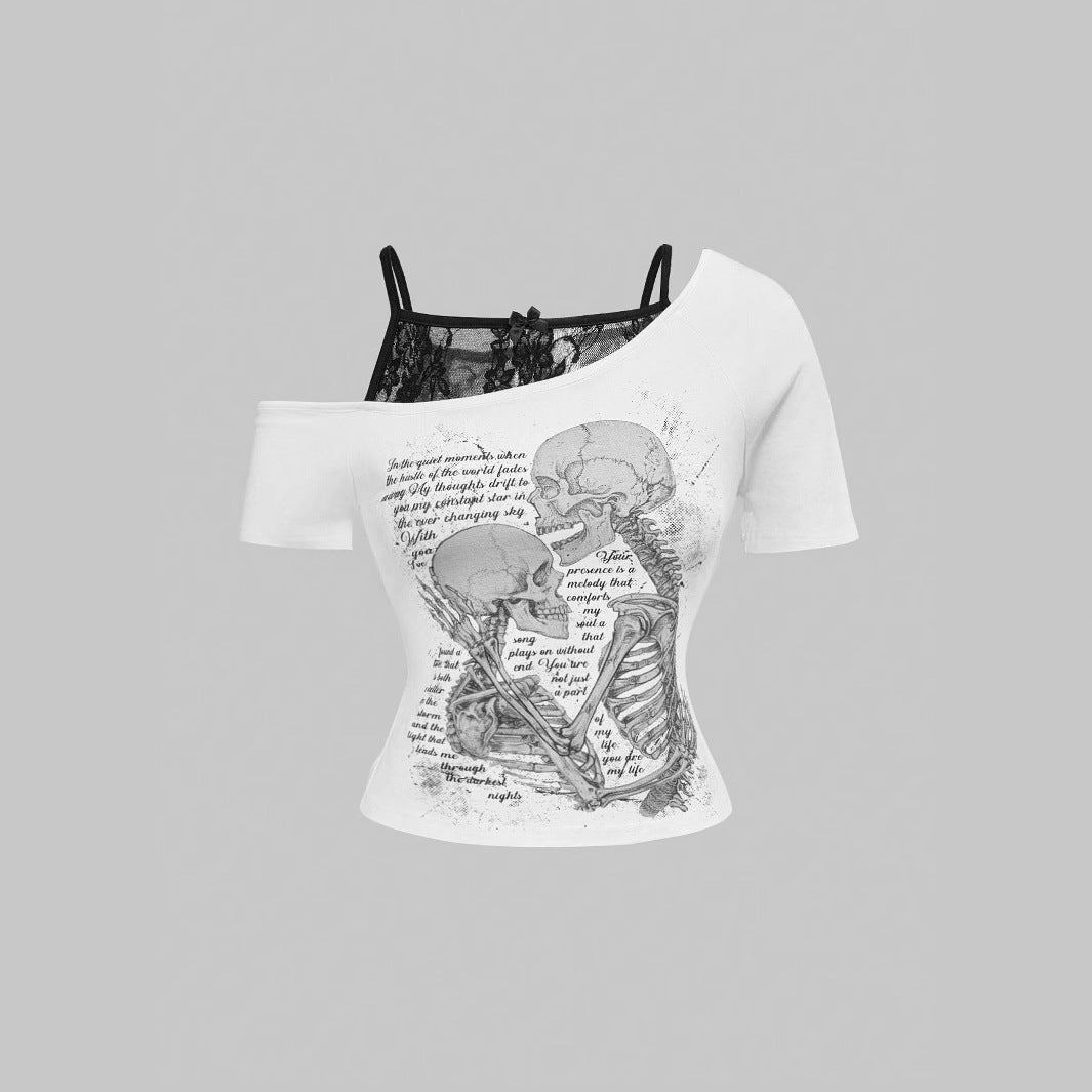 Damen Raffiniertes grafisches T-Shirt mit Spitzenunterlayer Drune