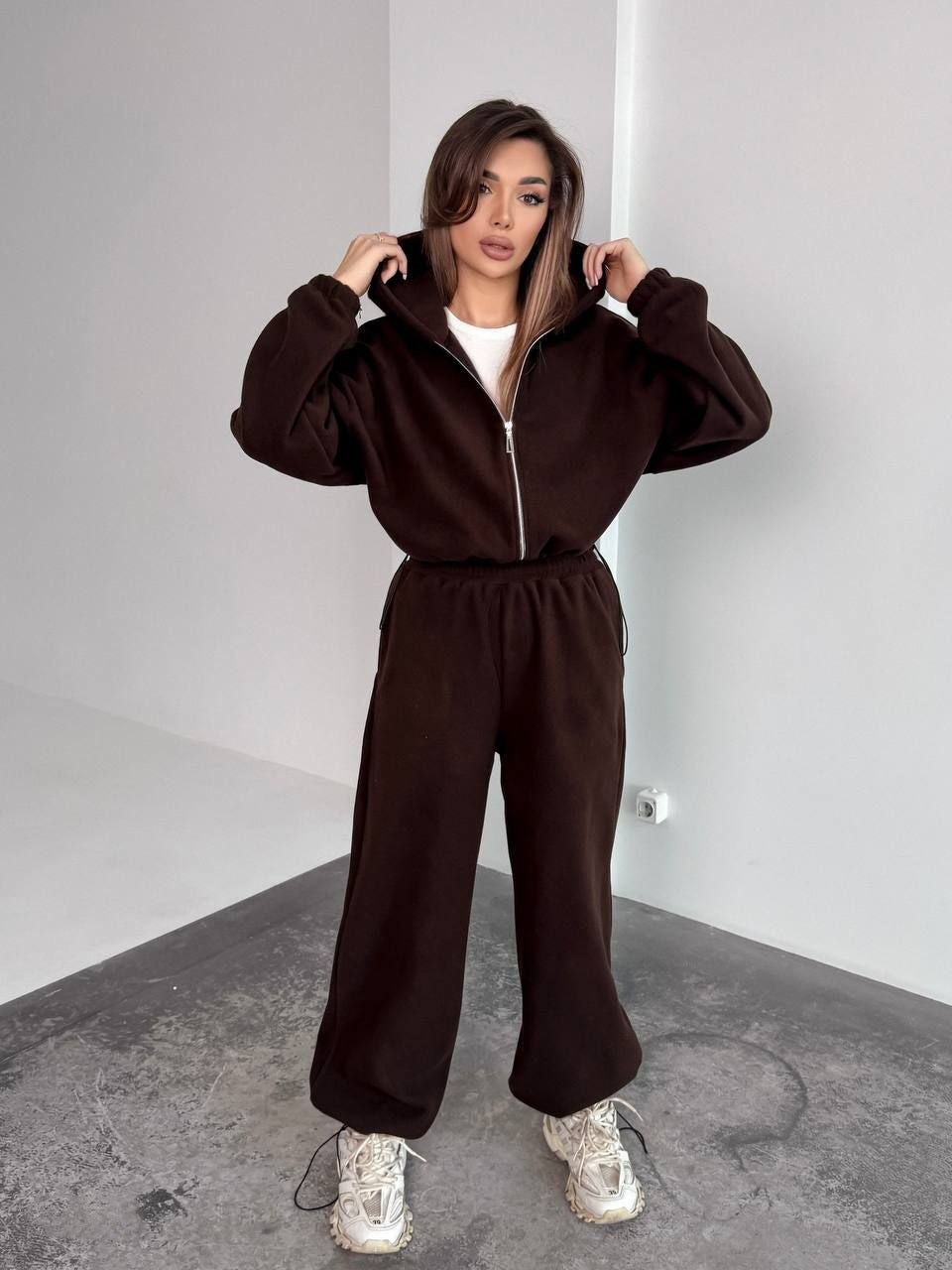Damen Oversized Fleece-Jogginganzug mit Kapuze und weiten Beinen Drune