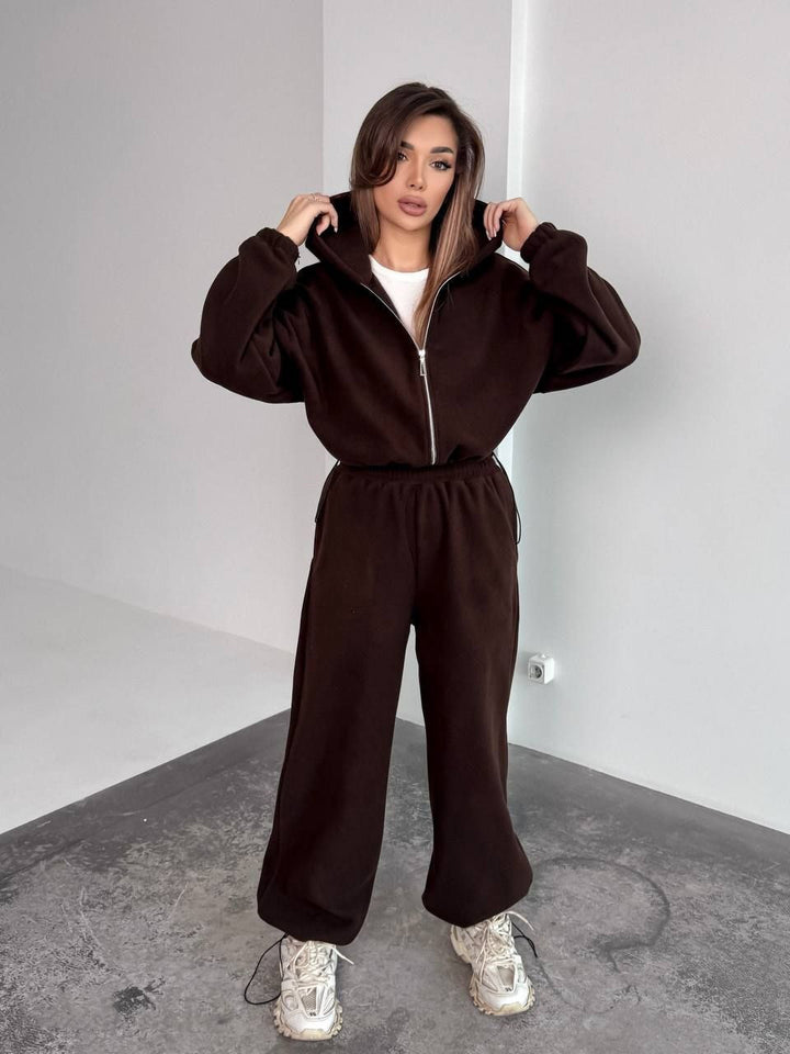 Damen Oversized Fleece-Jogginganzug mit Kapuze und weiten Beinen Drune