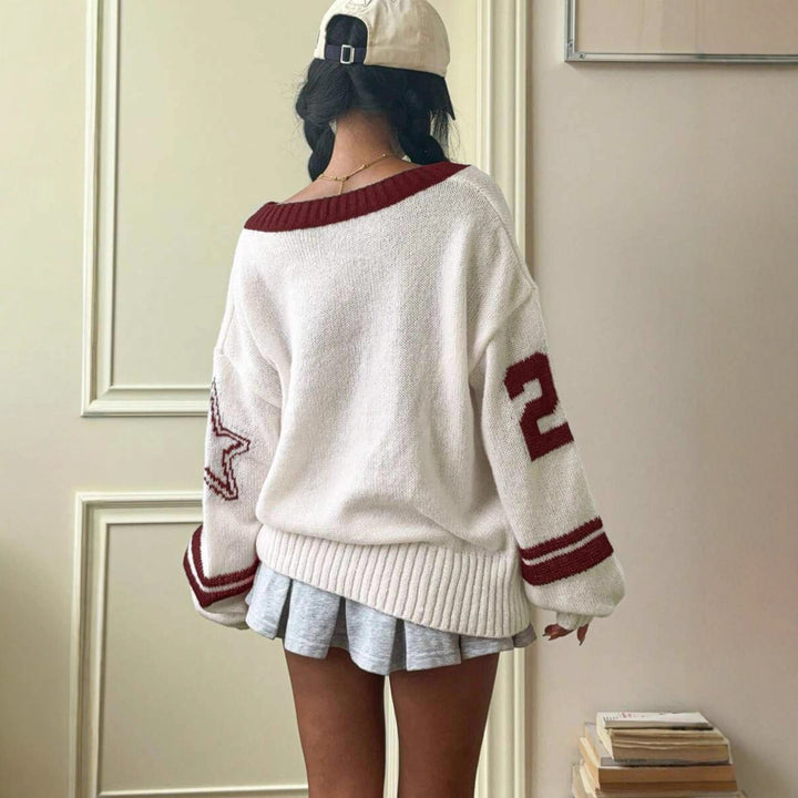 Damen Sportlicher V-Ausschnitt Pullover im lässigen College-Stil Drune