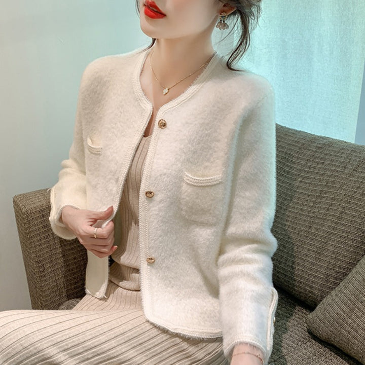 Damen elegante Strickjacke mit goldenen Knöpfen Drune