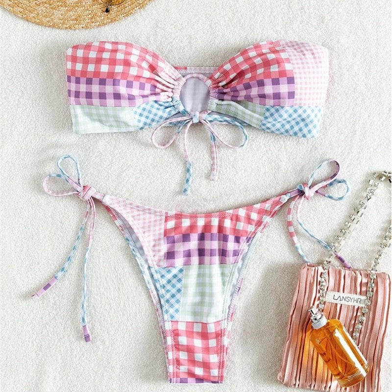 Damen Bikini-Set mit verspieltem Karomuster und verstellbaren Bindebändern Drune