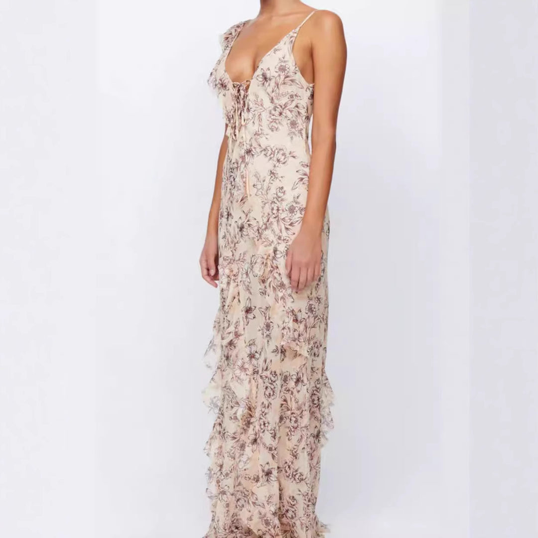 Damen Maxikleid mit doppellagigem Chiffon und romantischem Blumenmuster Drune