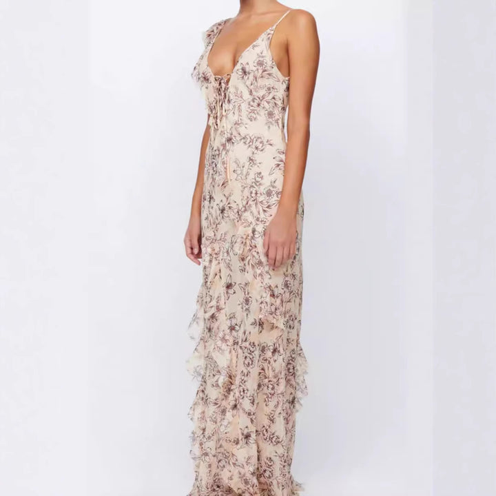 Damen Maxikleid mit doppellagigem Chiffon und romantischem Blumenmuster Drune