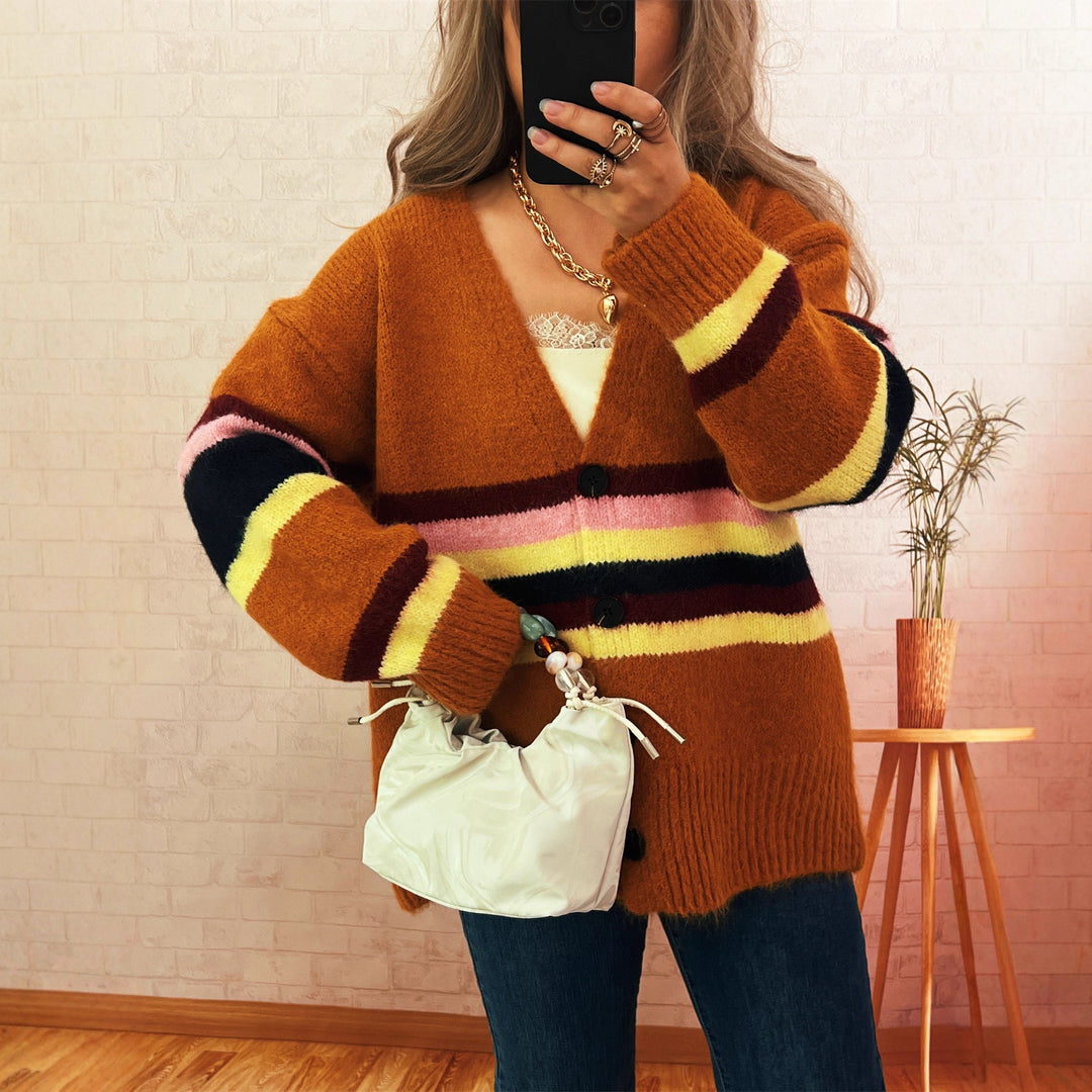 Damen kuschelige Strickjacke mit eleganten Streifen Drune