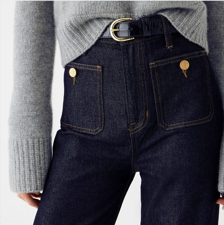 Damen nan High-Waist Wide-Leg-Jeans mit aufgesetzten Fronttaschen und weitem Bein Drune