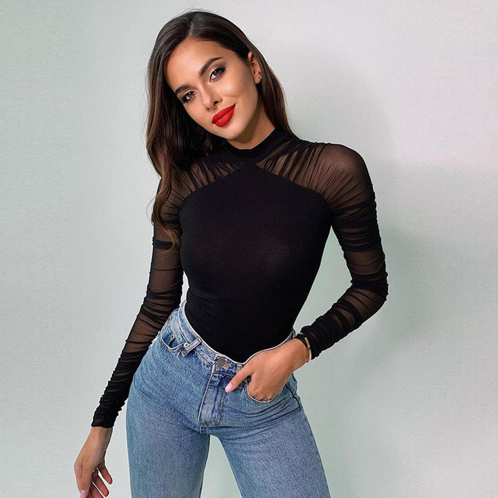 Damen Body mit transparenten Ärmeln und modernem Stehkragen Drune