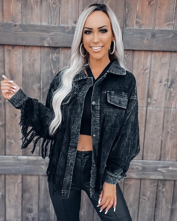 Damen Fransen-Jacke aus Denim im lässigen Oversize-Schnitt Drune