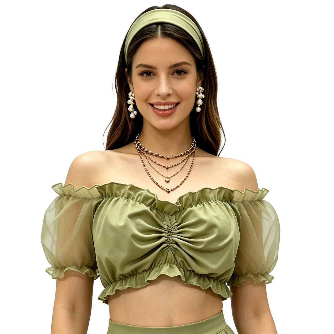 Damen nan gerafftes Crop Top mit Carmenausschnitt und transparenten Organzaärmeln Drune