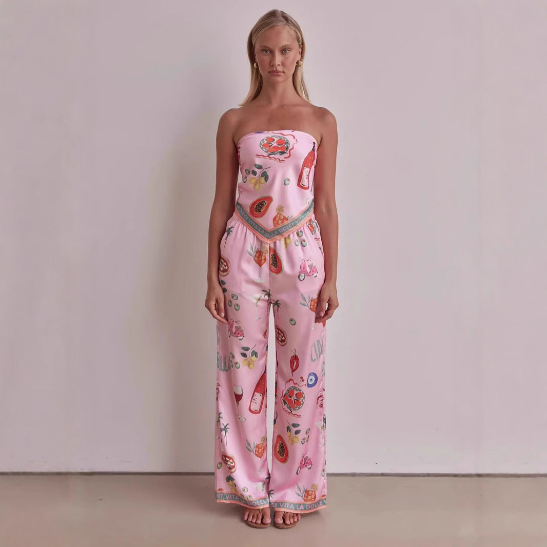 Damen Jumpsuit mit verspielten tropischen Mustern und elastischem Oberteil Drune