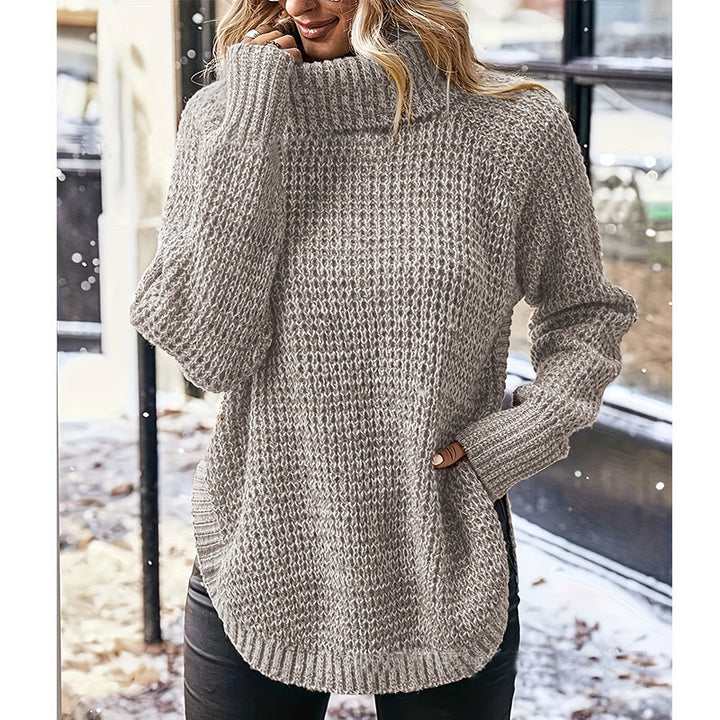Damen Grobstrickpullover mit hohem Kragen und seitlichen Taschen Drune