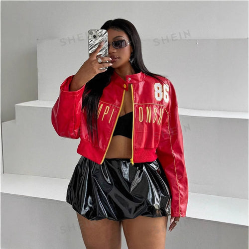 Damen cropped Kunstlederjacke mit sportiven Details Drune