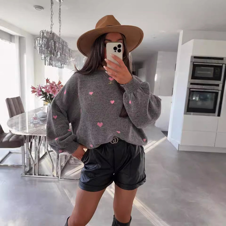 Damen lässiger Strickpullover mit herzförmigen Mustern und angeschnittenen Ärmeln Drune