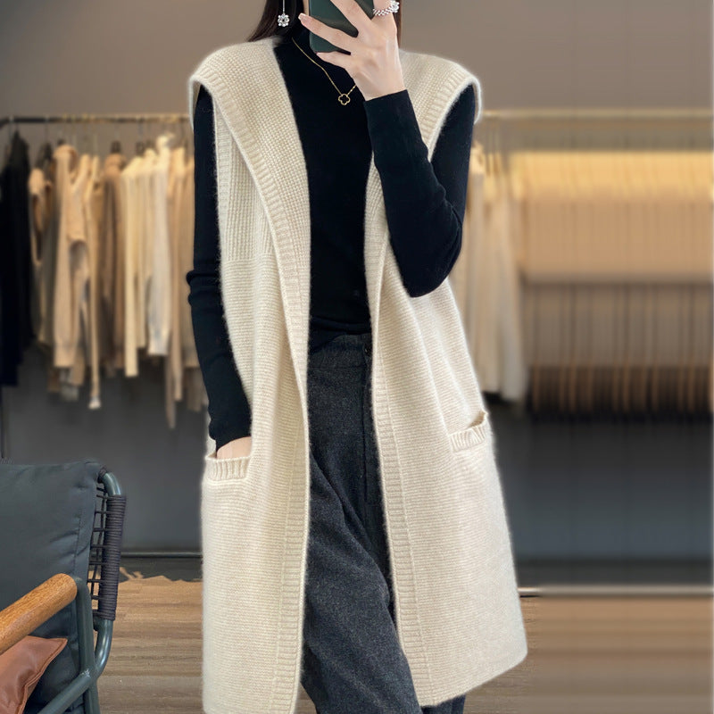 Damen Strickweste mit Kapuze und Taschen Drune