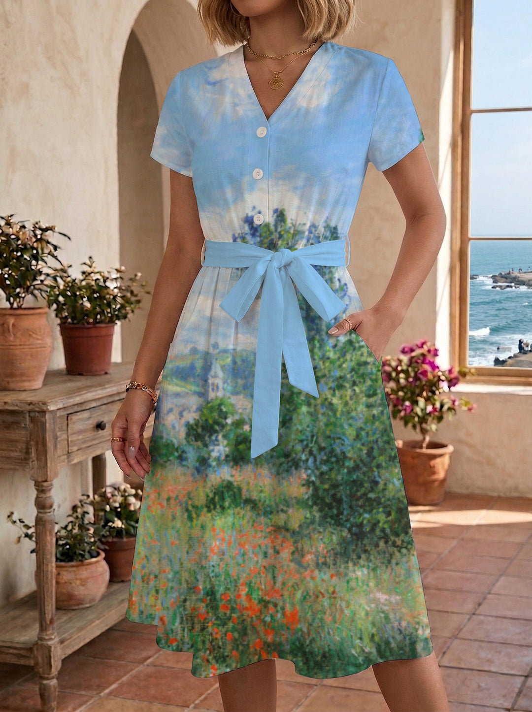 Damen Blühendes Midikleid mit taillierbarem Gürtel und kunstvollem Print Drune