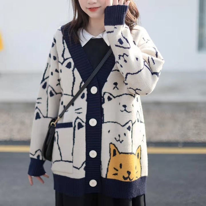 Damen Strickjacke mit Katzenmuster Drune