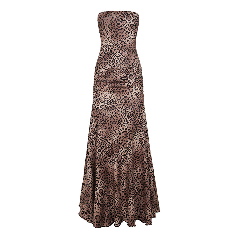 Damen Maxikleid mit rüschenförmigem Saum und elegantem Leopardenmuster Drune