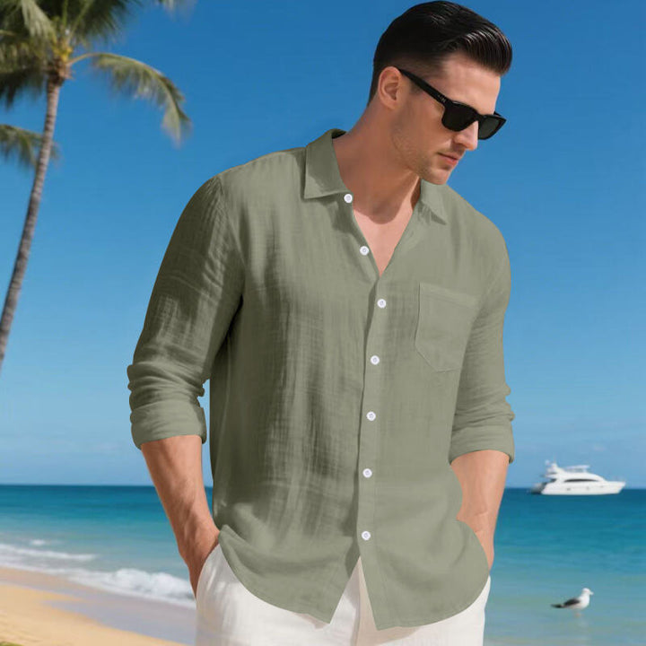 Herren nan Resort-Langarmhemd aus Leinenvoile mit offenem Kentkragen und aufgesetzter Brusttasche Drune