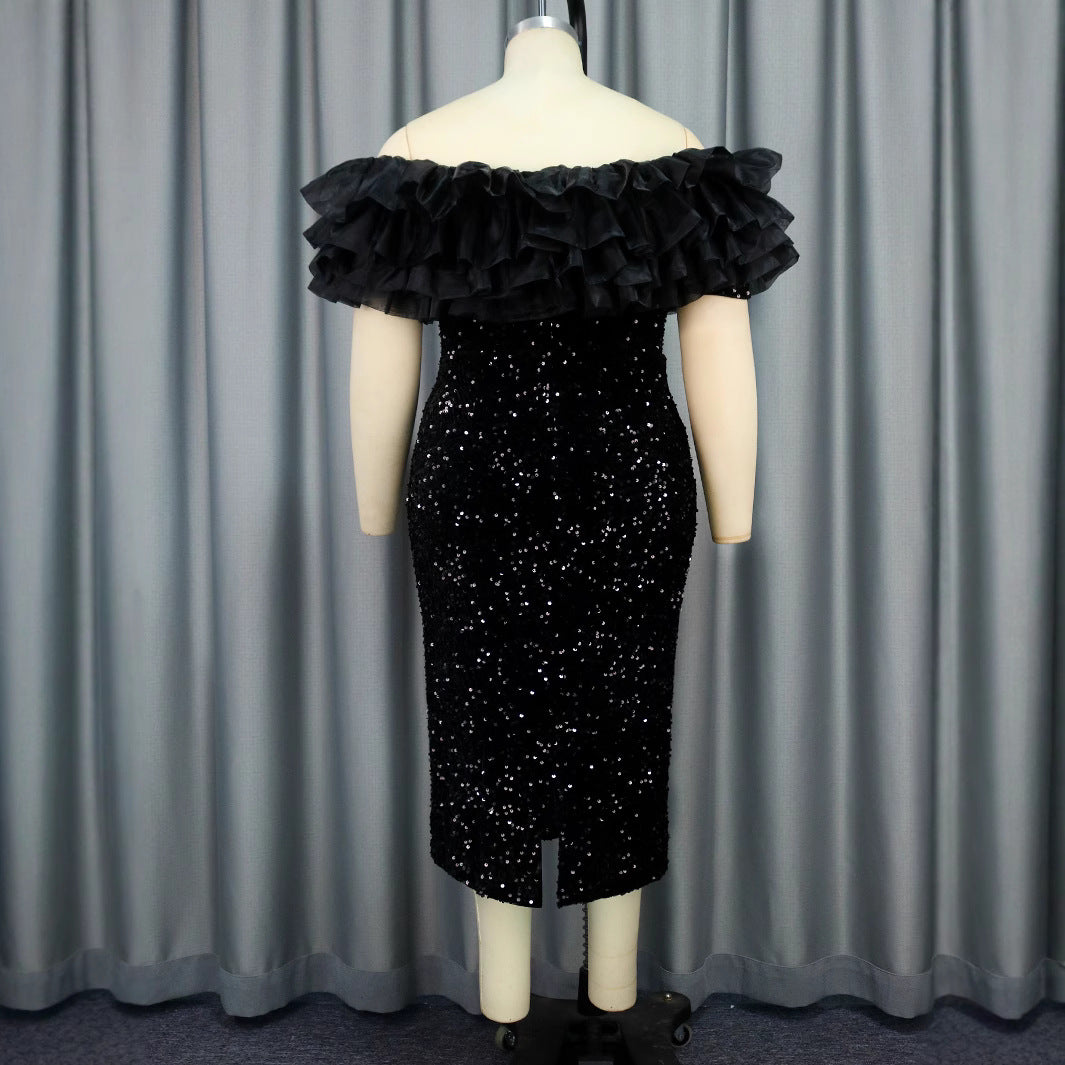 Damen Elegantes Abendkleid mit voluminösen Rüschen und funkelnden Pailletten Drune