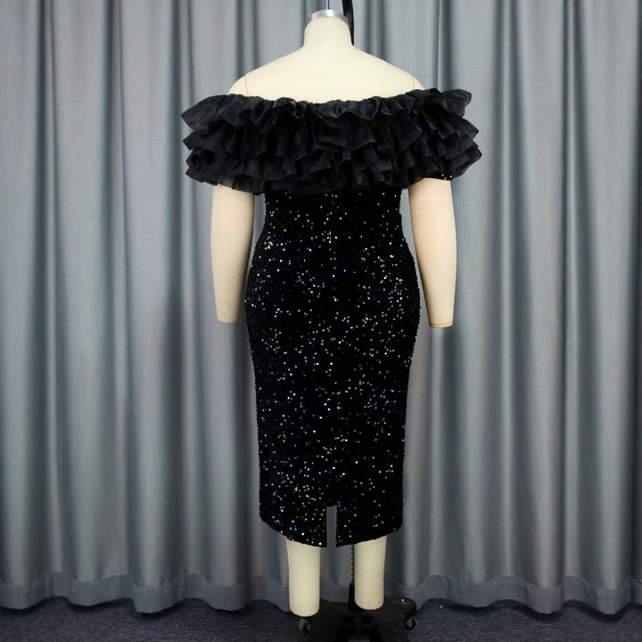 Damen glamouröses Abendkleid mit voluminösen Rüschen und Pailletten Drune