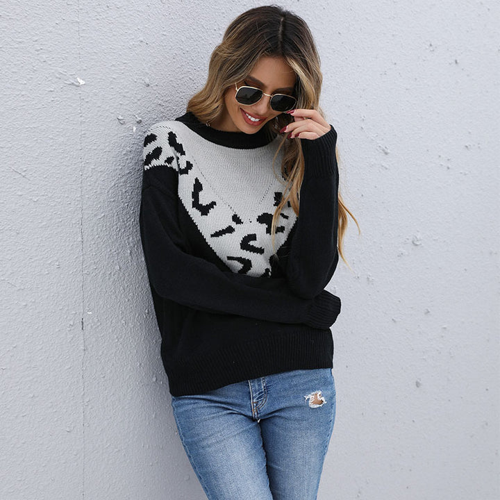 Damen lässiger Strickpullover mit kontrastierendem animalischem Muster Drune