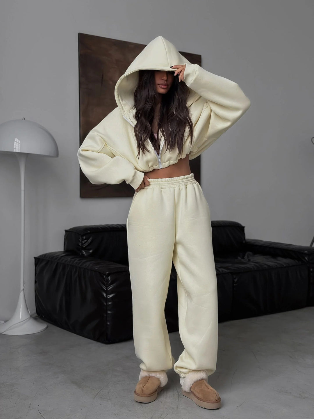 Damen Sportliches Cropped Hoodie und weite Jogginghose Drune