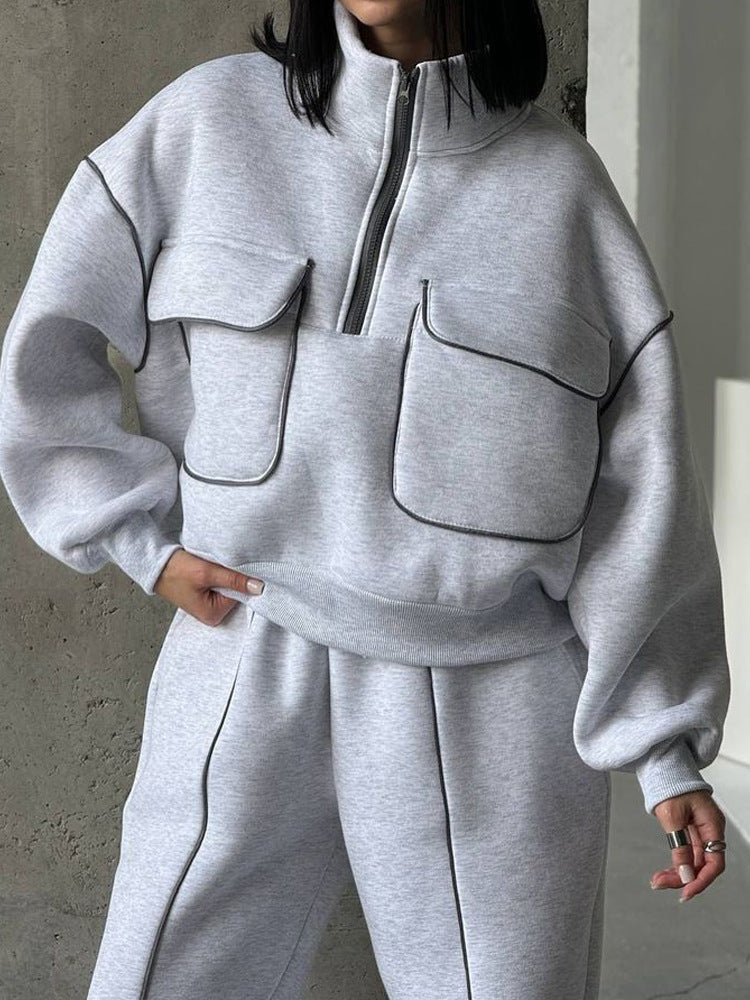 Damen nan Oversize Halbzip-Sweatshirt mit aufgesetzten Klappentaschen und Kontrastpaspeln Drune
