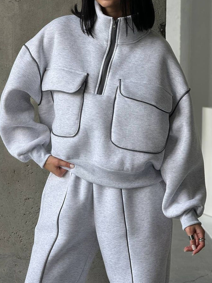 Damen nan Oversize Halbzip-Sweatshirt mit aufgesetzten Klappentaschen und Kontrastpaspeln Drune