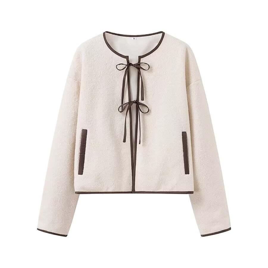 Damen cropped Fleecejacke mit dekorativem Bindeband und seitlichen Taschen Drune
