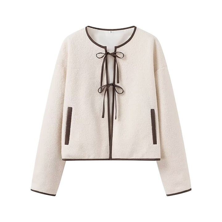 Damen cropped Fleecejacke mit dekorativem Bindeband und seitlichen Taschen Drune