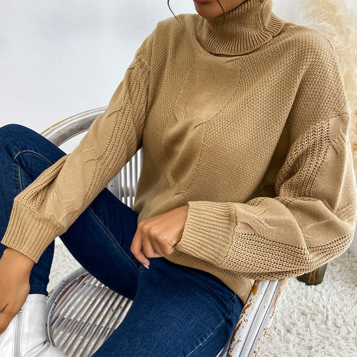 Damen modischer Pullover im groben Strickdesign mit hohen Kragen Drune