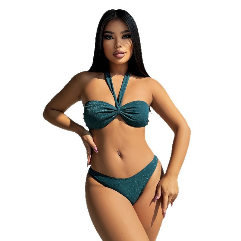 Damen Bandeau Bikini mit glitzerndem Oberteil und figurumspielendem Miniröckchen Drune