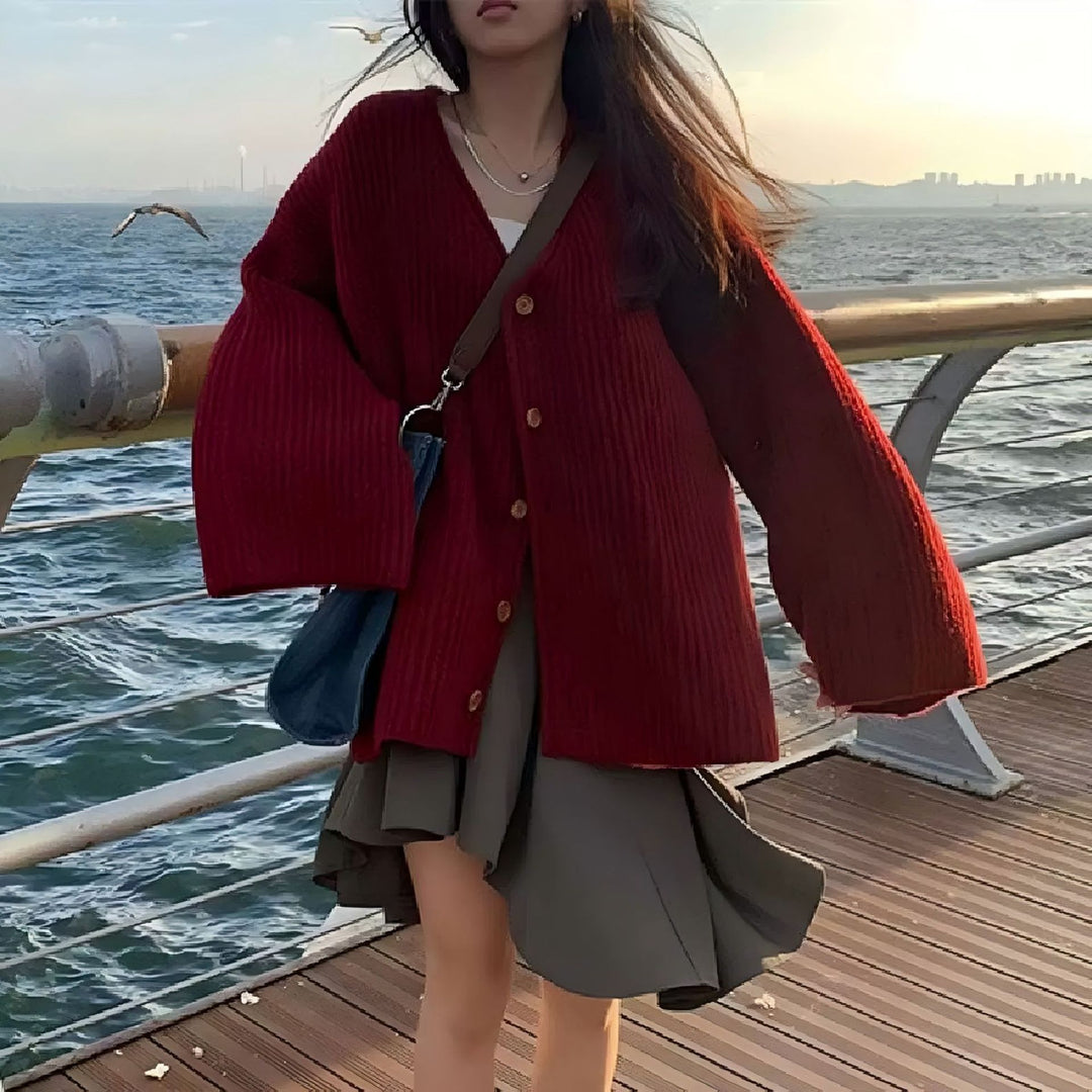 Damen gemütliche Strickjacke mit Knopfverschluss und V-Ausschnitt Drune