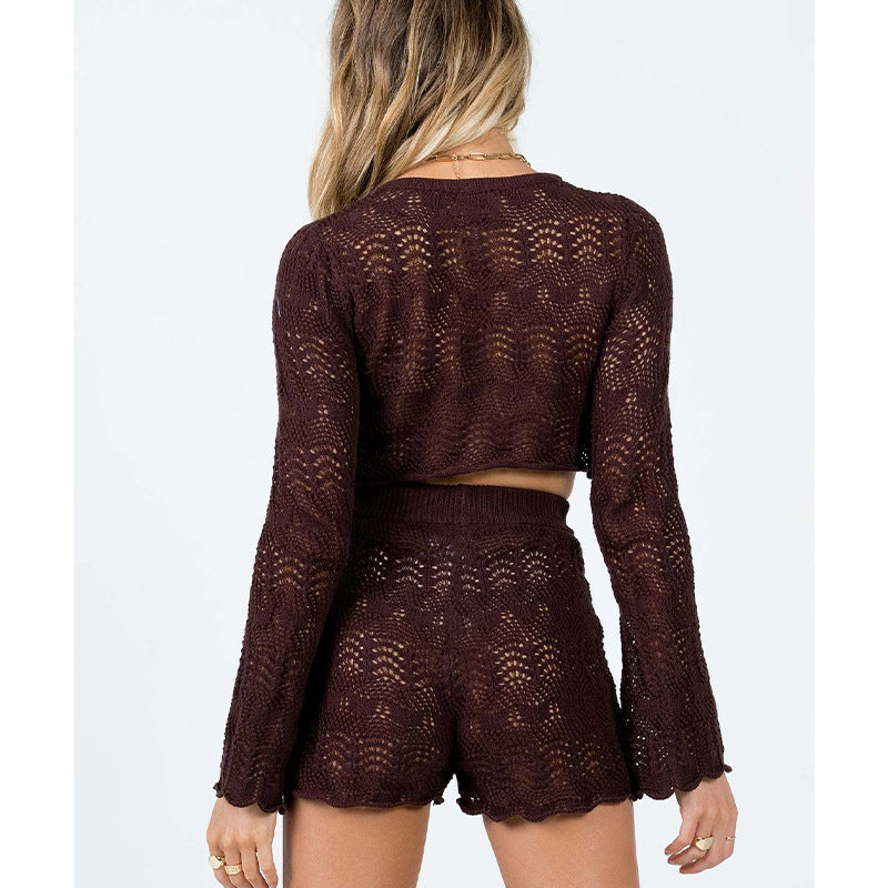 Damen elegantes Strick-Crop-Top und Shorts Set Drune