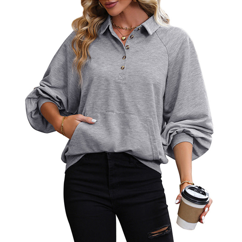 Damen lässiger Pullover mit Knopfleiste und voluminösen Ärmeln Drune