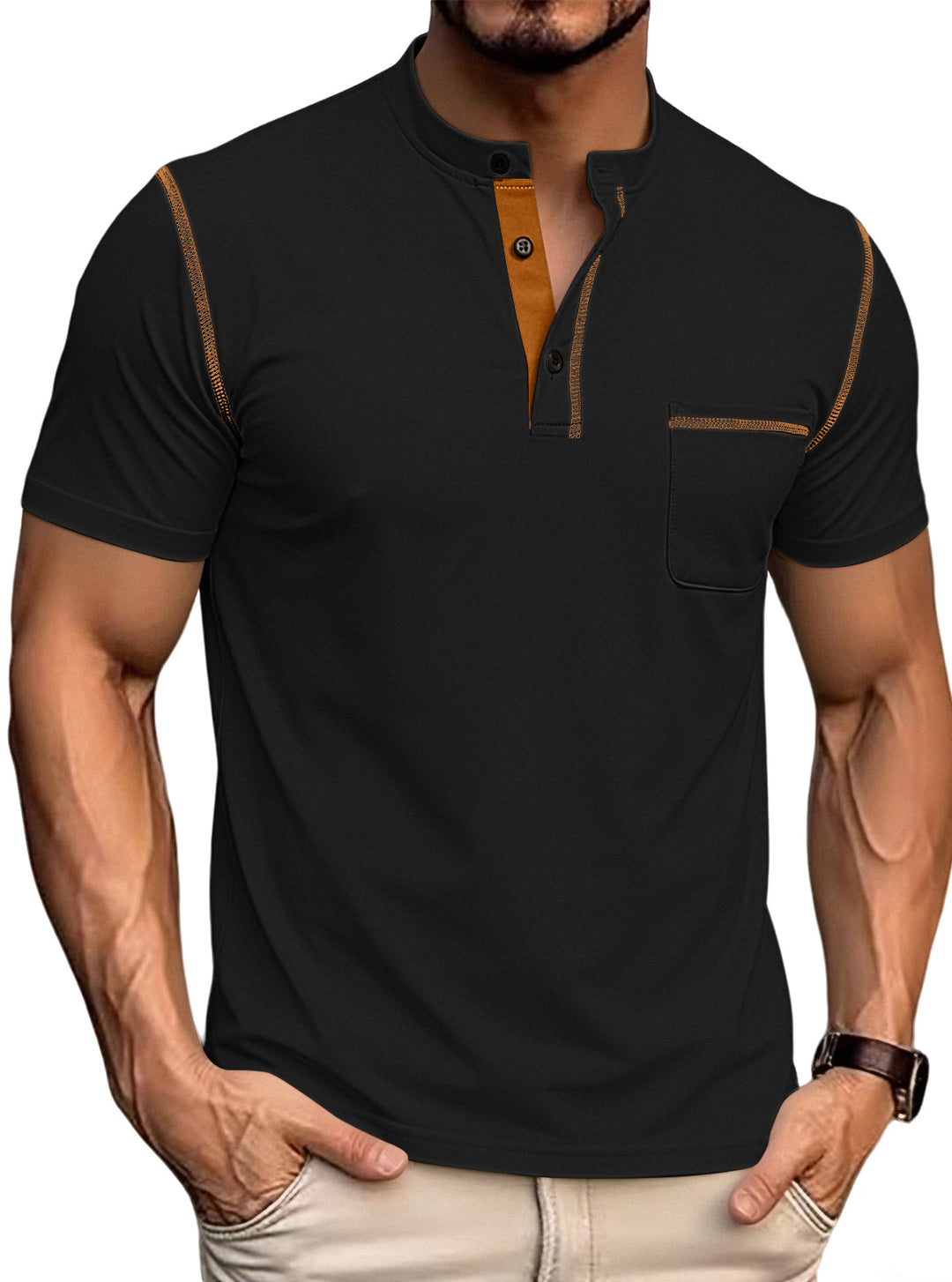 Herren nan kurzärmeliges Henley-Shirt mit Stehkragen, Brusttasche und kontrastierenden Ziernähten Drune