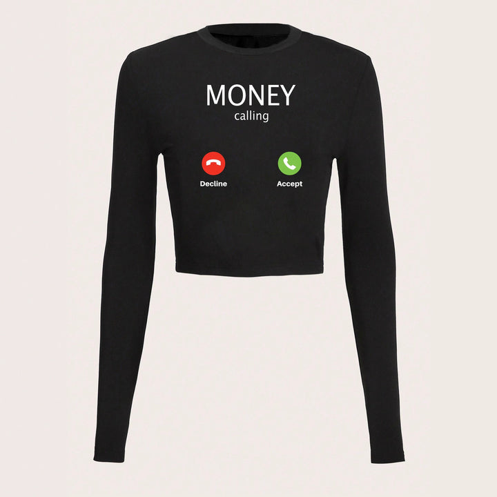 Damen nan kurzes Cropped-Longsleeve mit auffälligem Statement-Print und Call-Icon-Design Drune