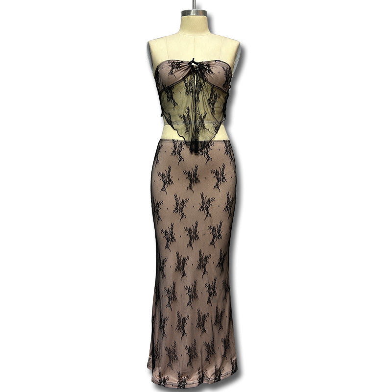 Damen Transparentes Spitzen-Maxikleid Drune