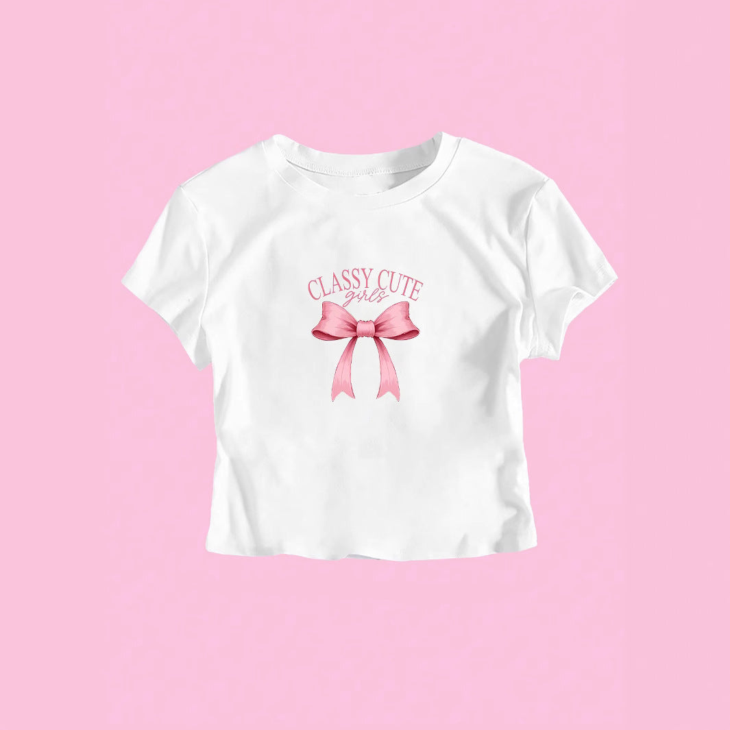 Damen Crop-T-Shirt mit raffiniertem Schleifenaufdruck Drune
