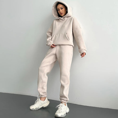 Damen nan zweiteiliges Komfort-Loungewear-Set mit oversized Kapuzenpullover, Kängurutasche und elastischem Knöchel-Jogger aus French Terry Drune