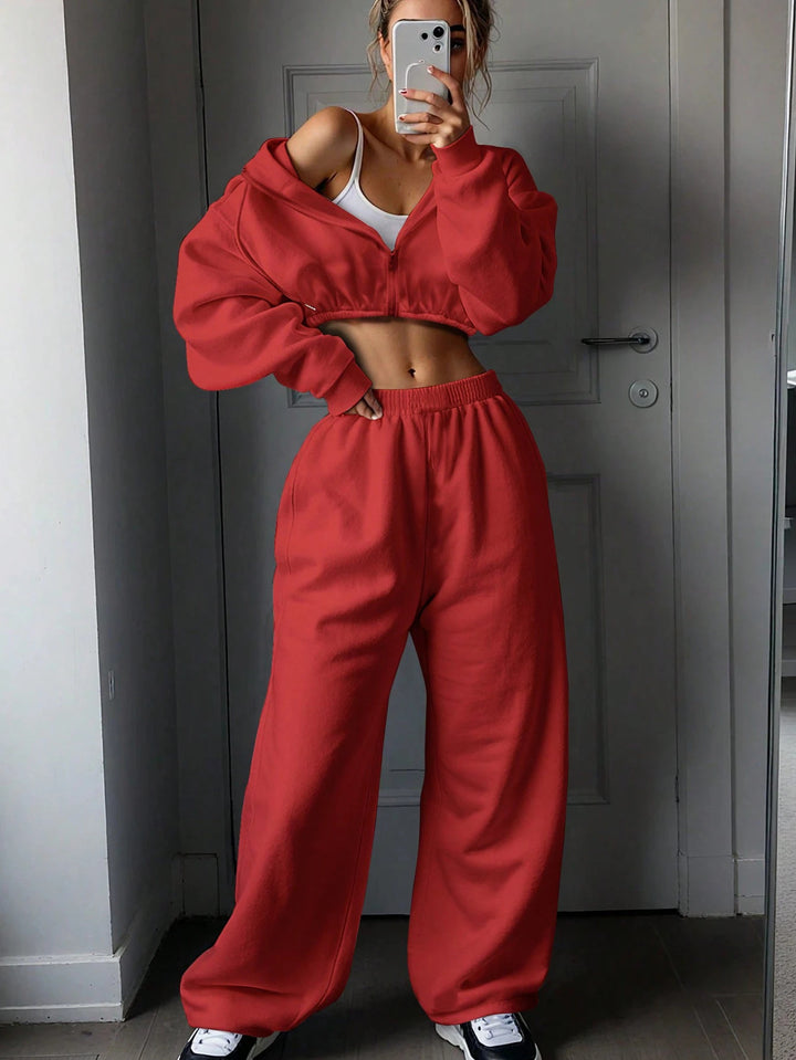 Damen nan kurzes Zip-Hoodie Cropped Sweatshirt mit Kordelzug, angesetzten Ballonärmeln und elastischem Saum Drune