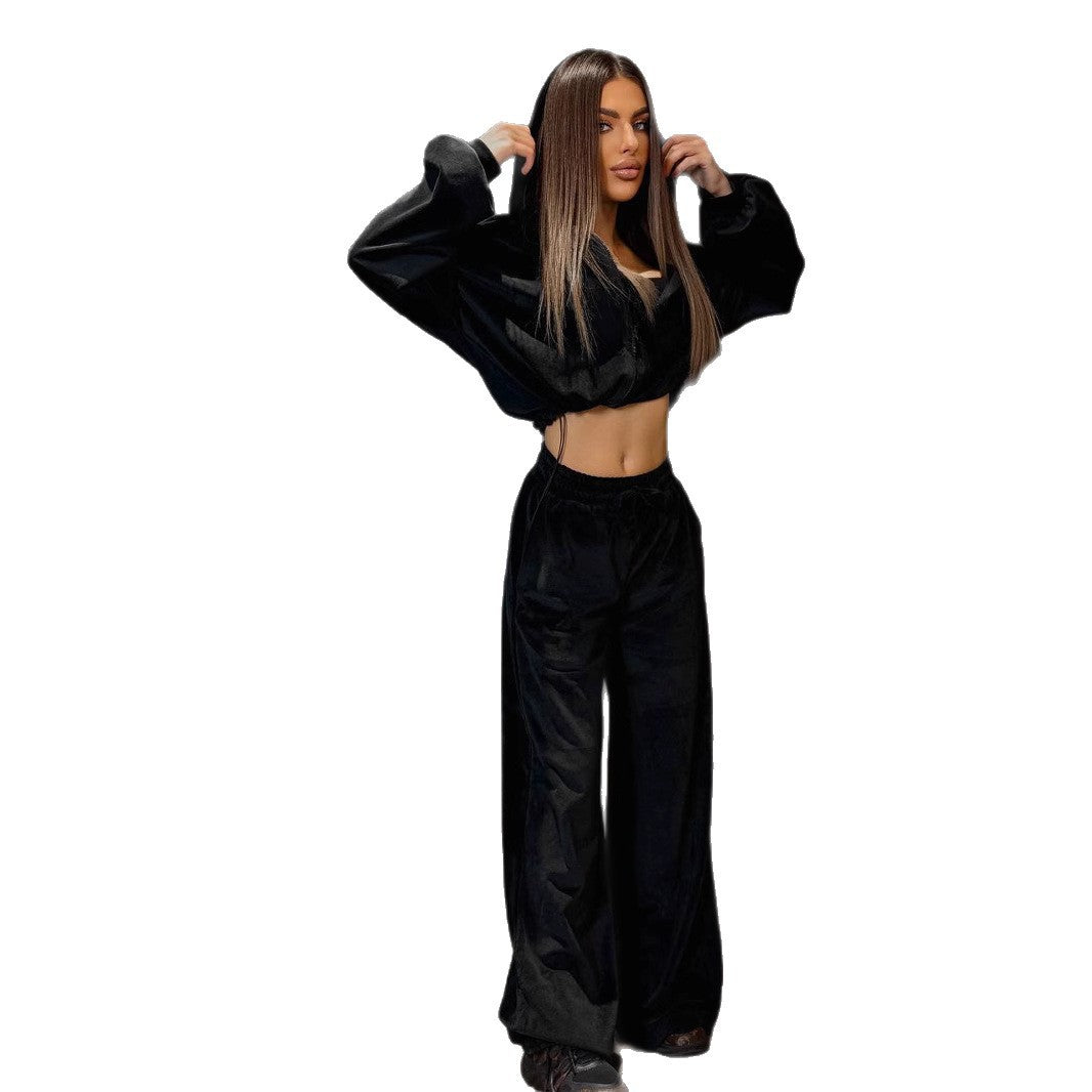 Damen Fleece-Cropped-Loungewear-Set mit weiten Hosen Drune