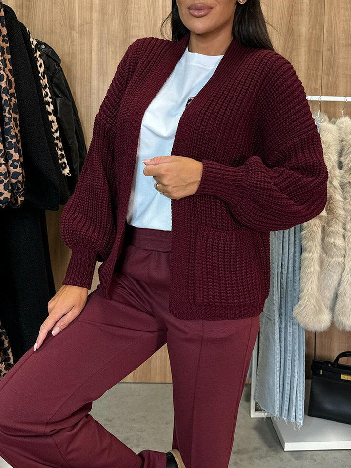 Damen moderne Strickjacke mit voluminösen Ärmeln und Taschen Drune