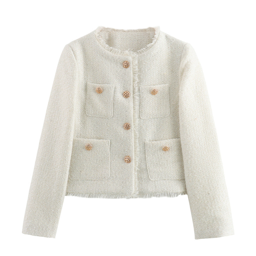 Damen elegante Tweed-Jacke mit Fransen und dekorativen Knöpfen Drune