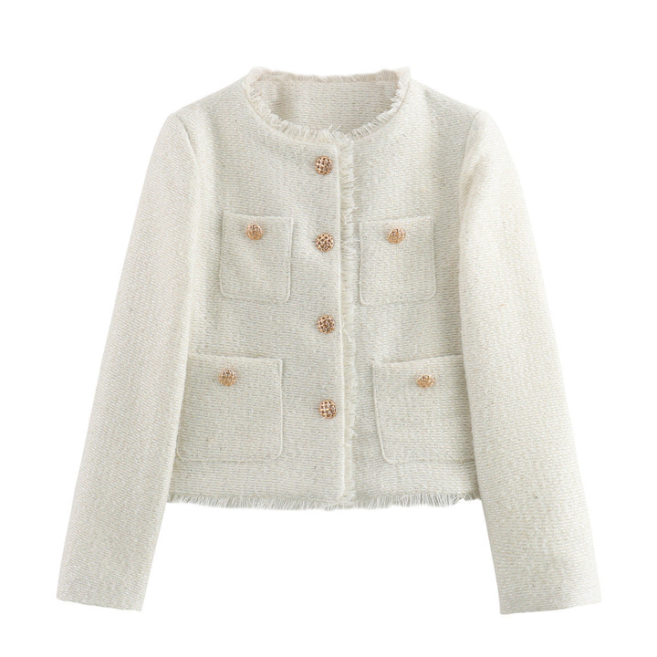 Damen elegante Tweed-Jacke mit Fransen und dekorativen Knöpfen Drune