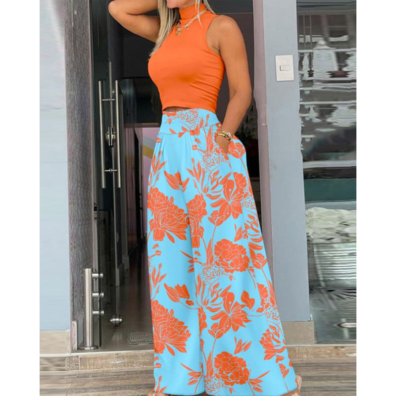 Damen Stilvolles Zweiteiliges Cropped Top und Breite Hosen Set Drune